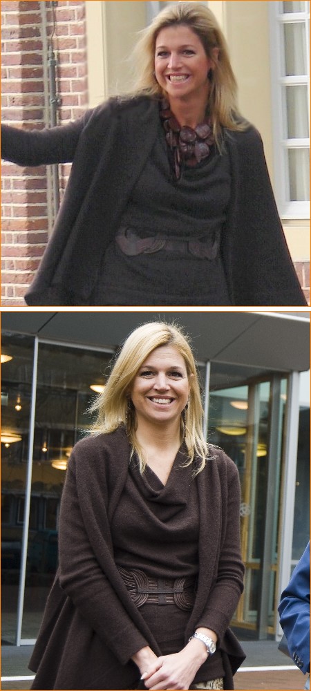 Máxima op 2 november 2008 en op 3 maart 2009, met hetzelfde jasje en dezelfde riem